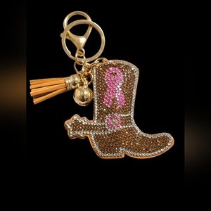 Rhinestone Breast Cancer Awareness Boot Bag Charm Keychain